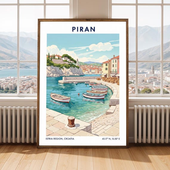 Croatian Harbor Shoreline And Turquoise Coastal Town Illustration Poster