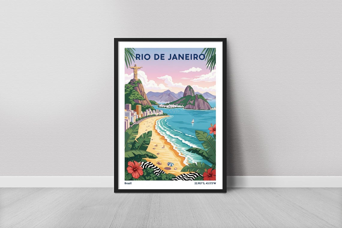 Rio de Janeiro Brazil Travel Poster Copacabana Beach Christ Statue