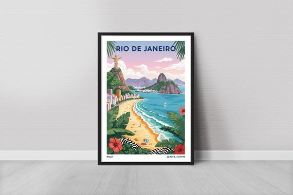 Rio De Janeiro Art Print Vintage Travel Beach And Christ The Redeemer Blue Pink