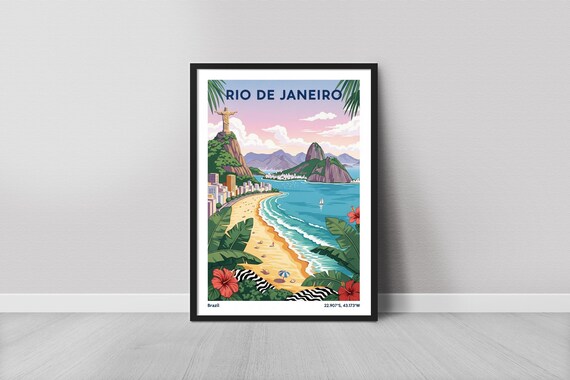 Rio de Janeiro Brazil Travel Poster Copacabana Beach Christ Statue