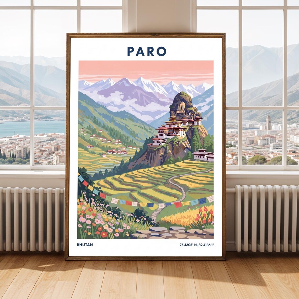 Paro Bhutan Vintage Travel Poster Tigers Nest Monastery Valley Art