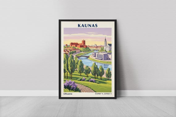 Kaunas Art Print Vintage Travel Blue Water And Green Foliage