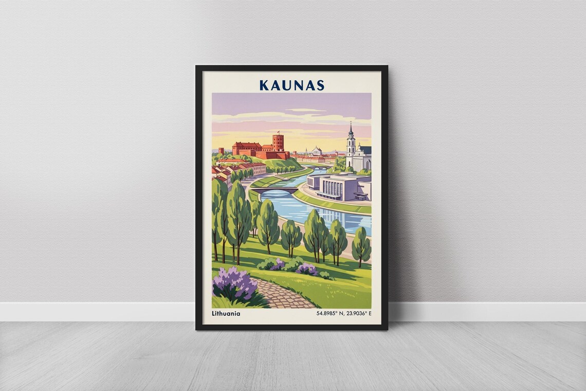 Kaunas Lithuania Vintage Travel Old Town River Cityscape Poster