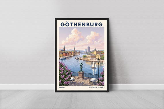 Gothenburg Art Print Mixed Media Swedish Waterfront Skyline With Pink Blossoms Contemporary Style