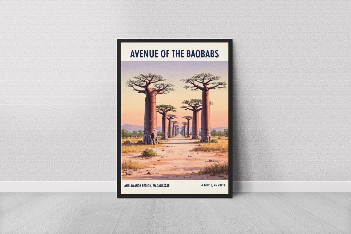 Avenue Of The Baobabs Madagascar Sunset Vintage Travel Poster
