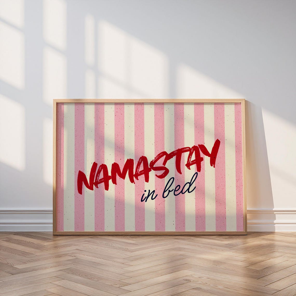 Namastay In Bed Poster Retro Typography Wall Art With Pink Stripes Yoga Print