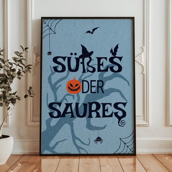 Ses Oder Saures Halloween Poster Spooky German Typography Print In Blue