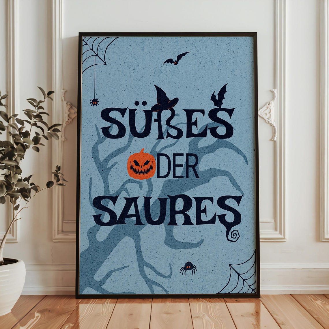 Ses Oder Saures Halloween Poster Spooky German Typography Print In Blue