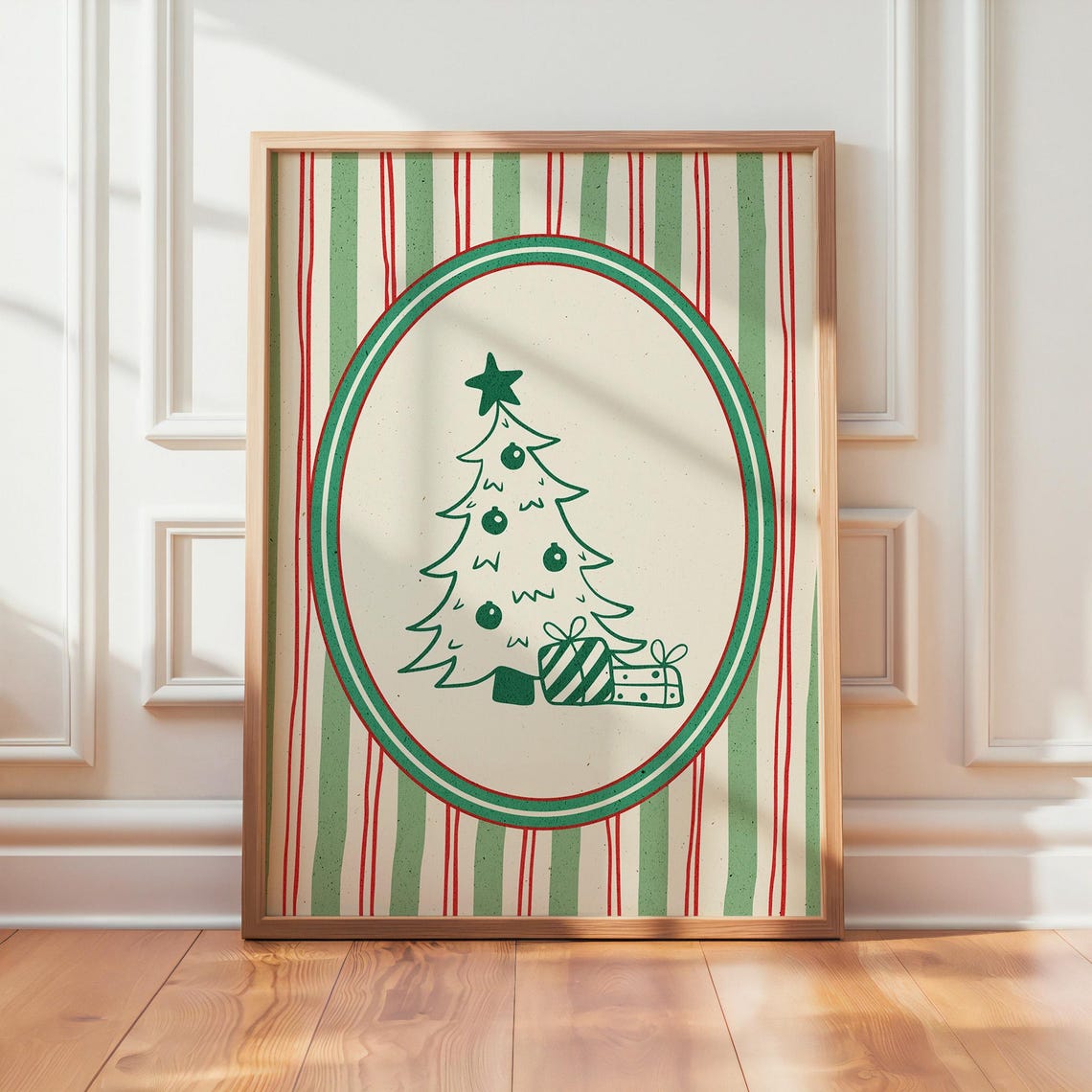 Retro Green Christmas Tree Oval Poster on Red and Green Stripes
