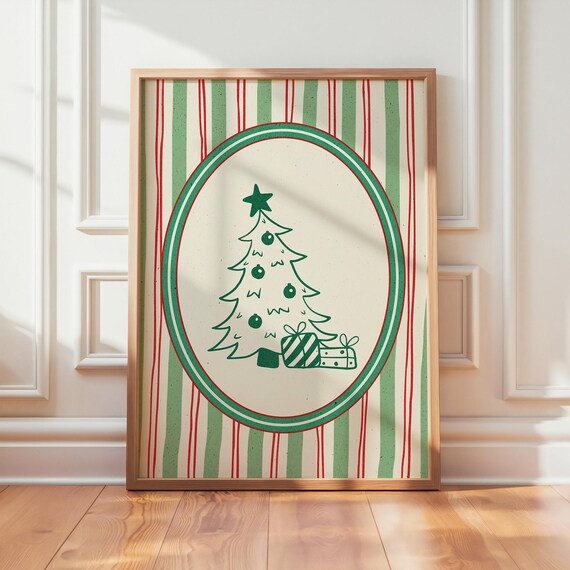Retro Green Christmas Tree Oval Poster on Red and Green Stripes