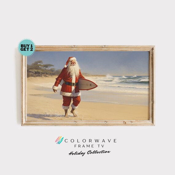 Santa Claus Carrying Surfboard Walking on a Sunny Beach Art Poster