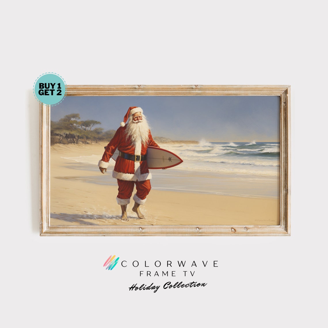 Santa Surfing Retro Frame Tv Image Funny Christmas Art Retro Wall Art Frame Tv Santa Wall Art