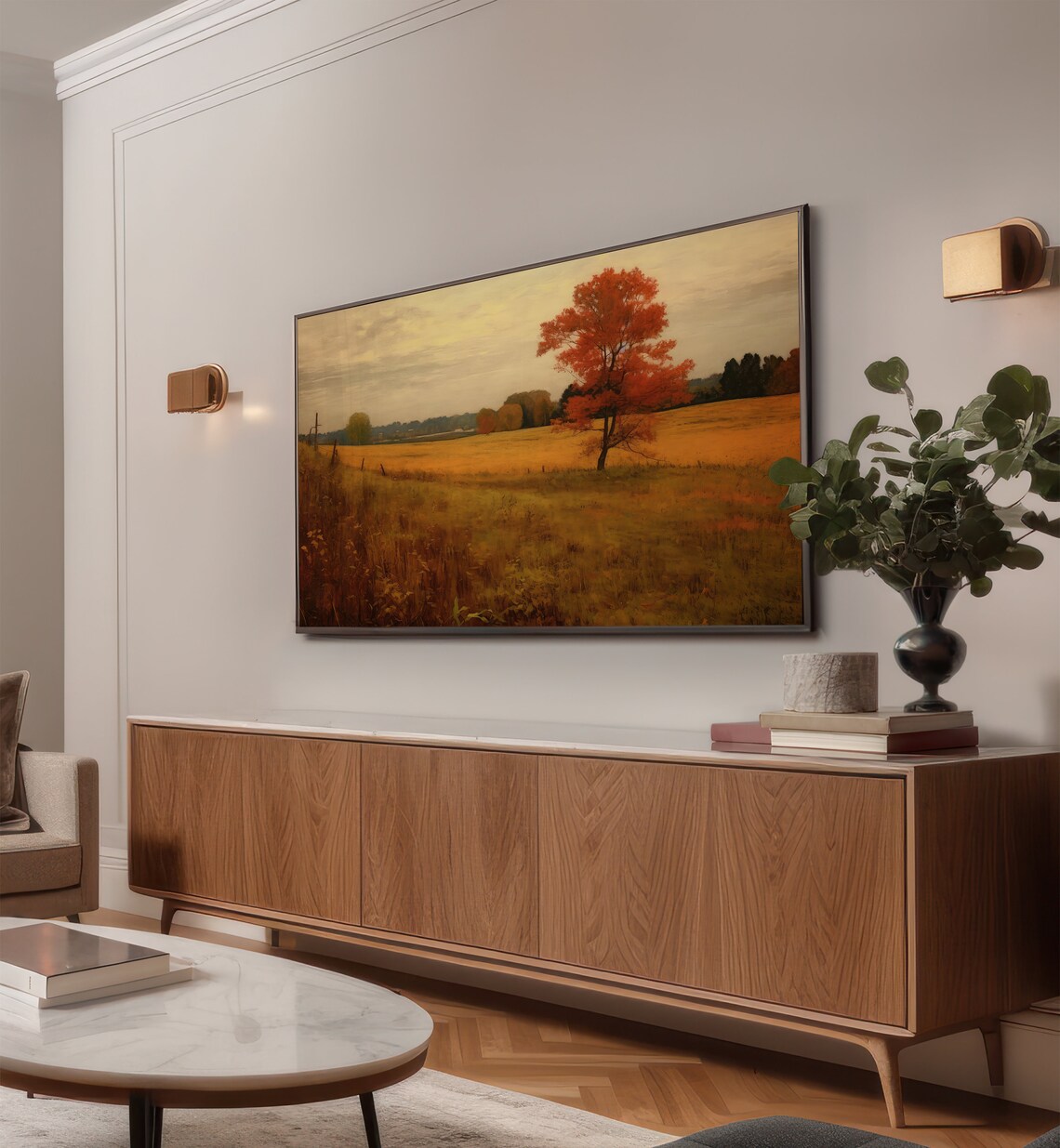 Red Tree Golden Autumn Field Oil Painting Landscape Wall Art - Image 2
