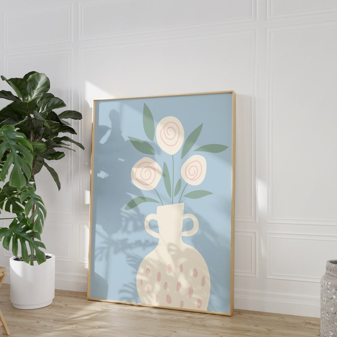 Soft Sky Blue Vase With Swirl Flowers Boho Floral Art Poster - Image 4