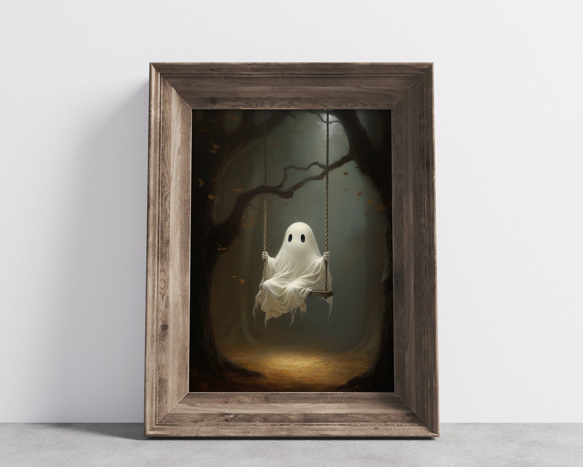 Cute Ghost on Swing in Haunted Autumn Forest Halloween Poster - Image 3