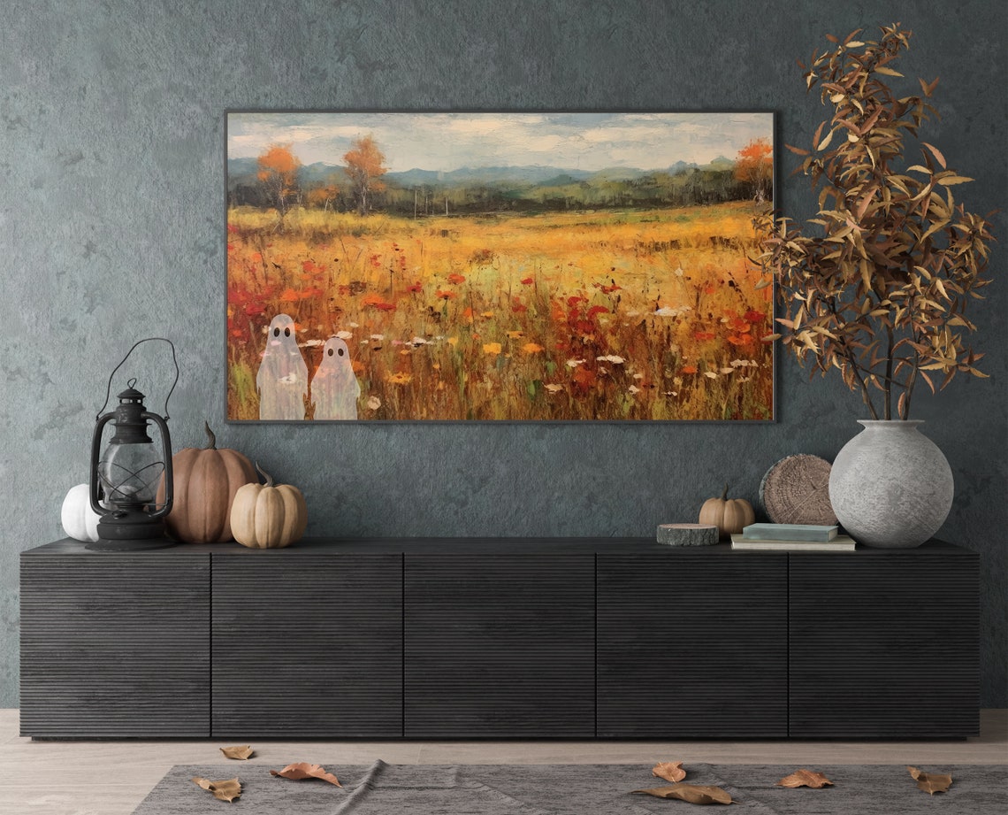 Cute Ghosts Autumn Wildflower Field Halloween Decor Spooky Wall Art - Image 4