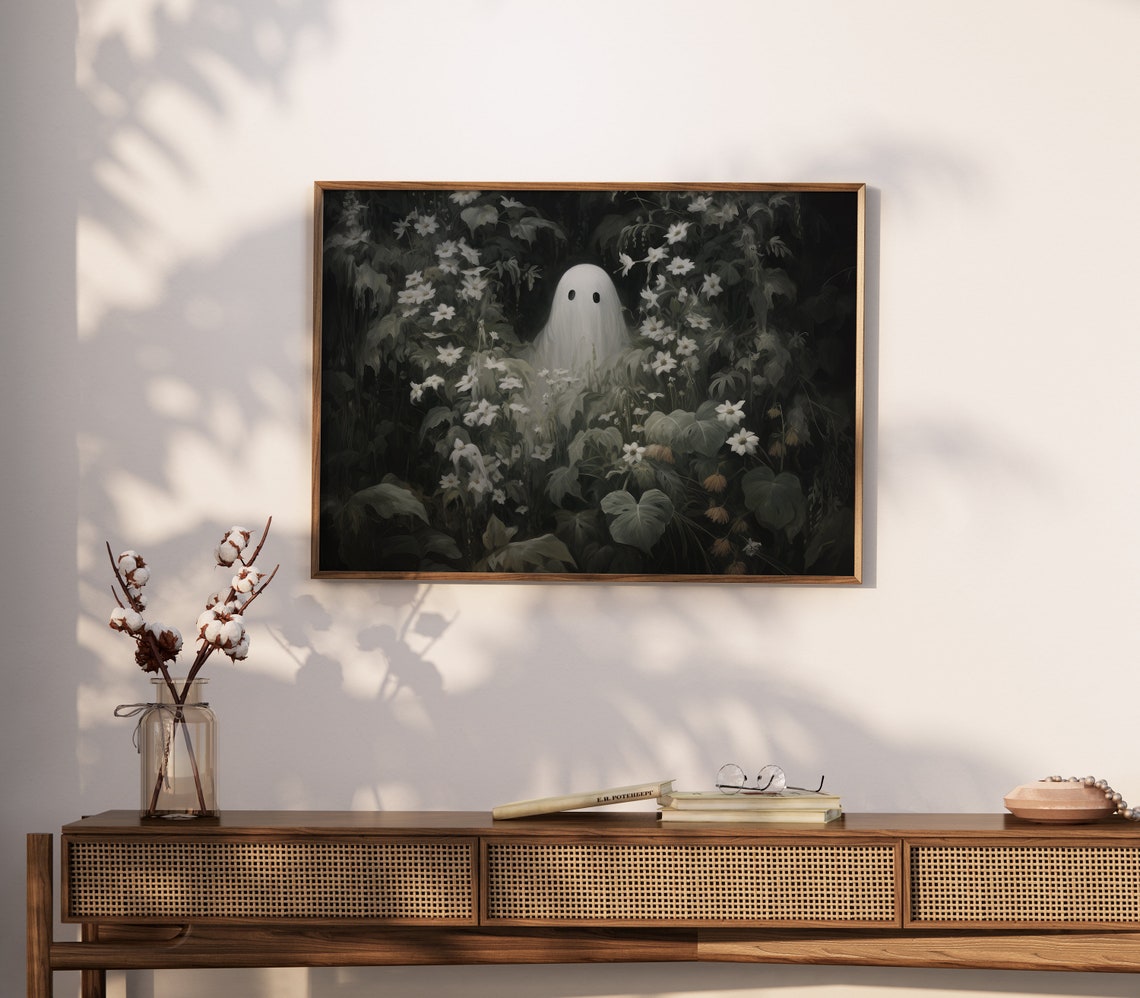 Ghost Among White Night Flowers Dark Floral Halloween Poster - Image 4