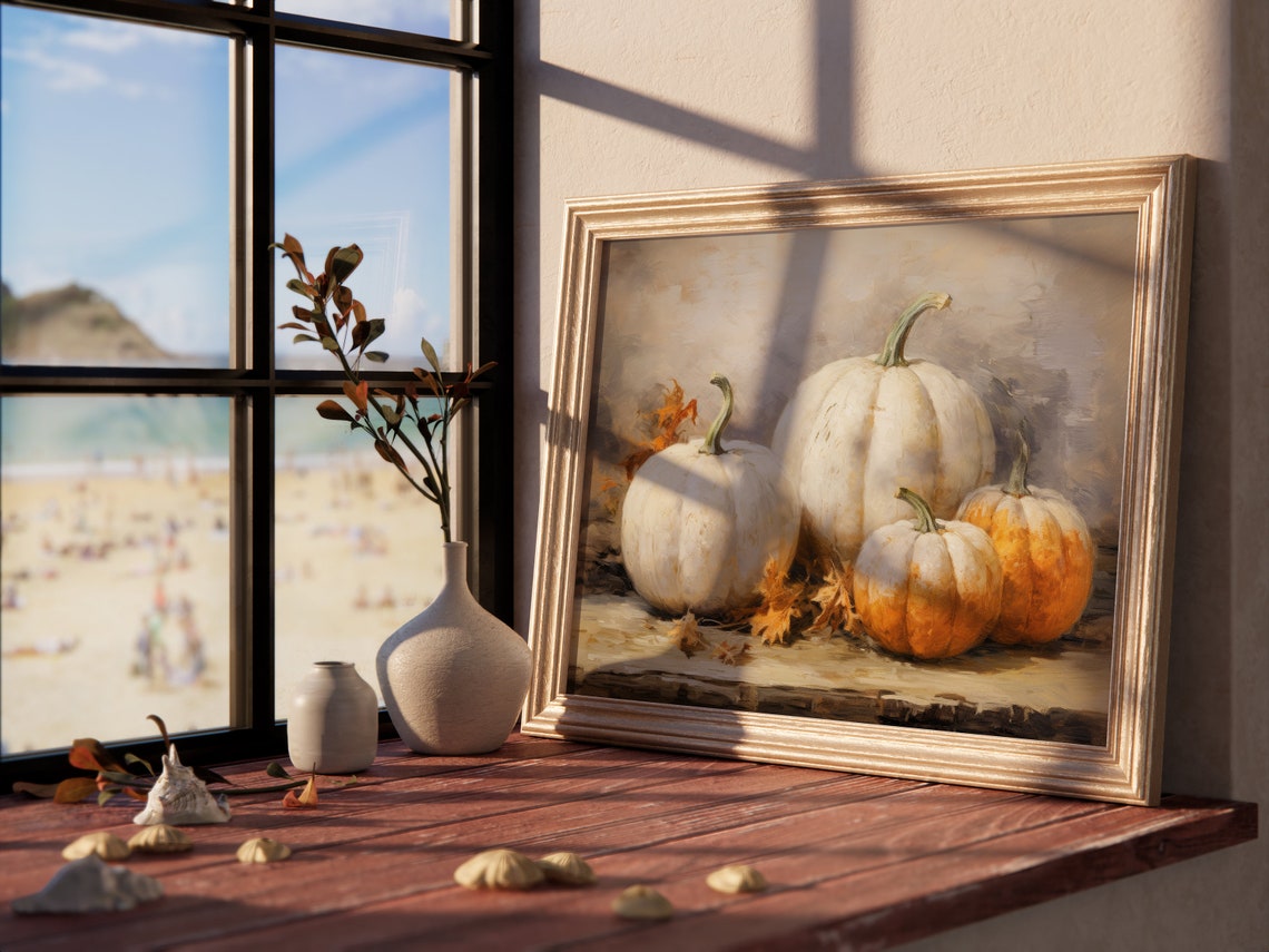 White And Orange Pumpkins Fall Harvest Still Life Art Poster - Image 4