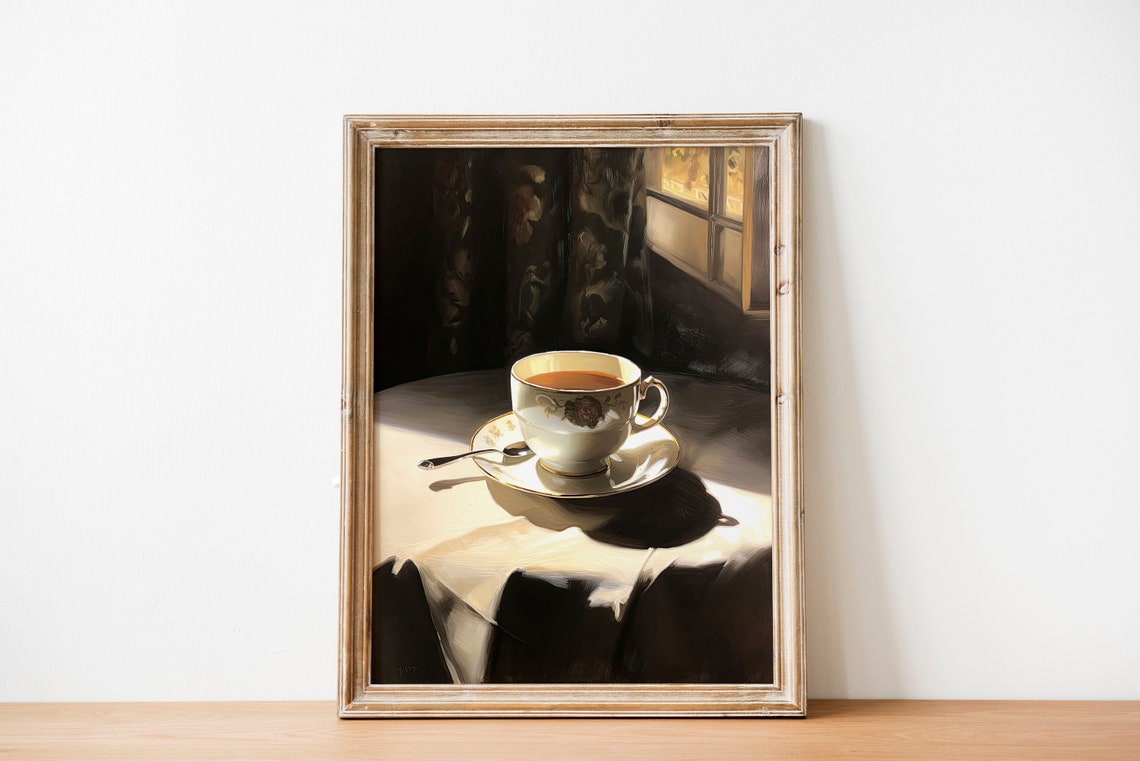Sunlit Cup of Tea Moody Still Life Window Oil Painting Poster - Image 2