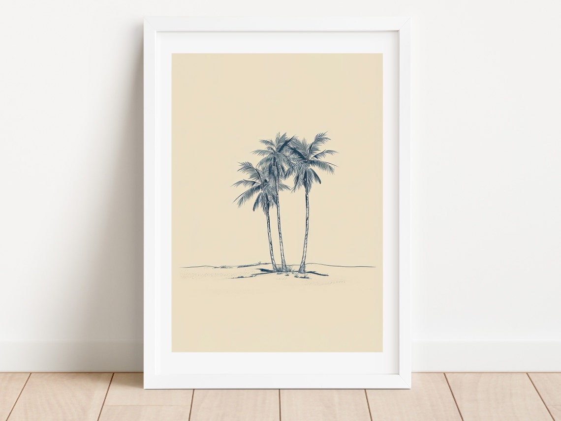 Three Palm Trees Minimalist Navy Tropical Beige Line Art Poster