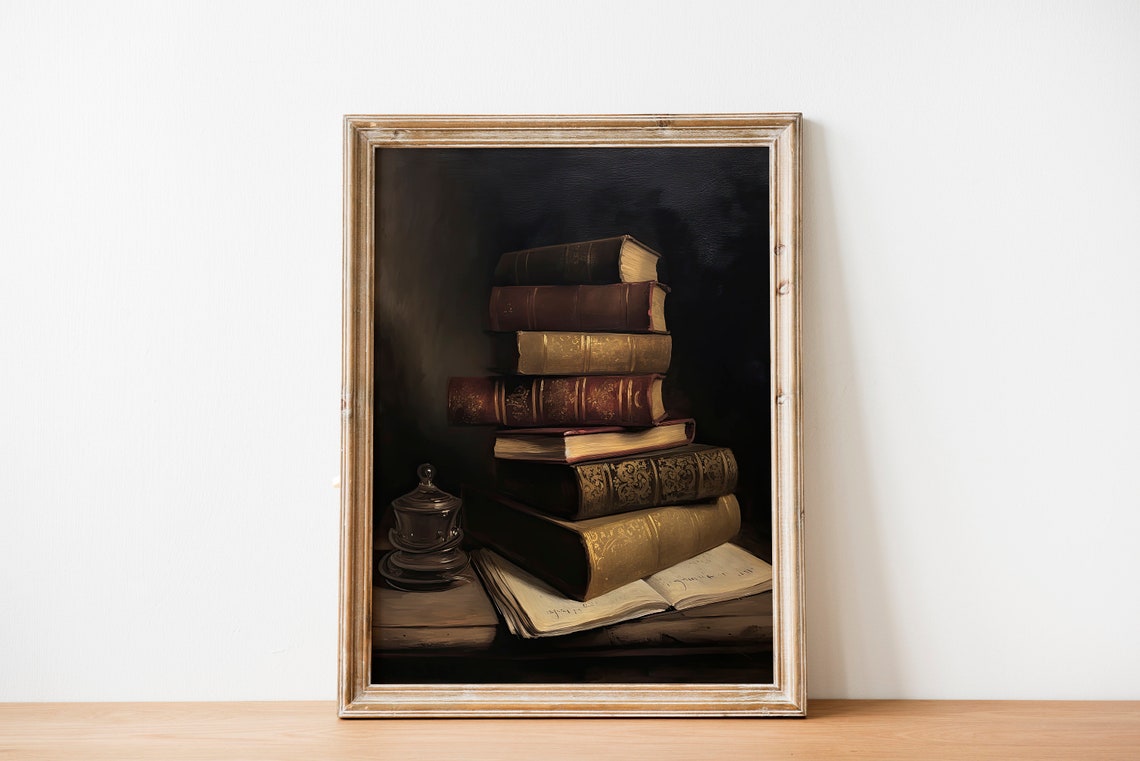 Antique Books Stack Dark Moody Vintage Library Oil Painting Poster - Image 2