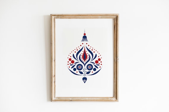 Scandinavian Folk Art Christmas Ornament Bauble in Navy and Red Poster
