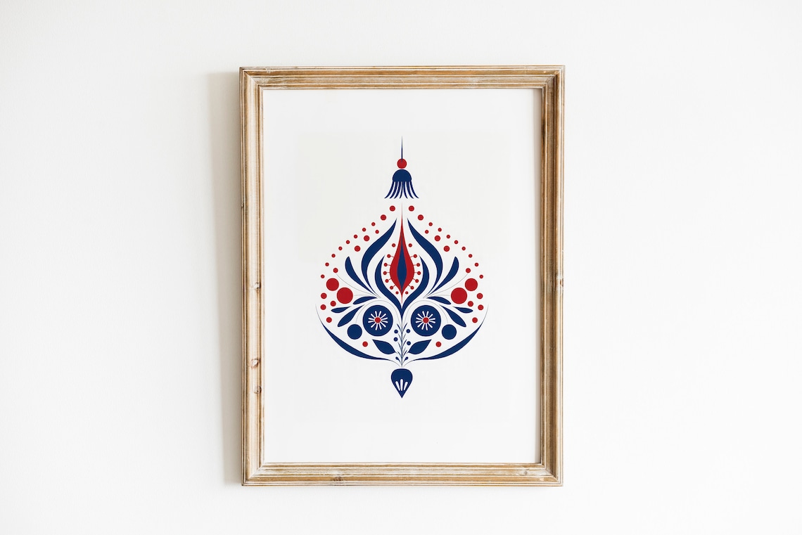 Scandinavian Folk Art Christmas Ornament Bauble in Navy and Red Poster