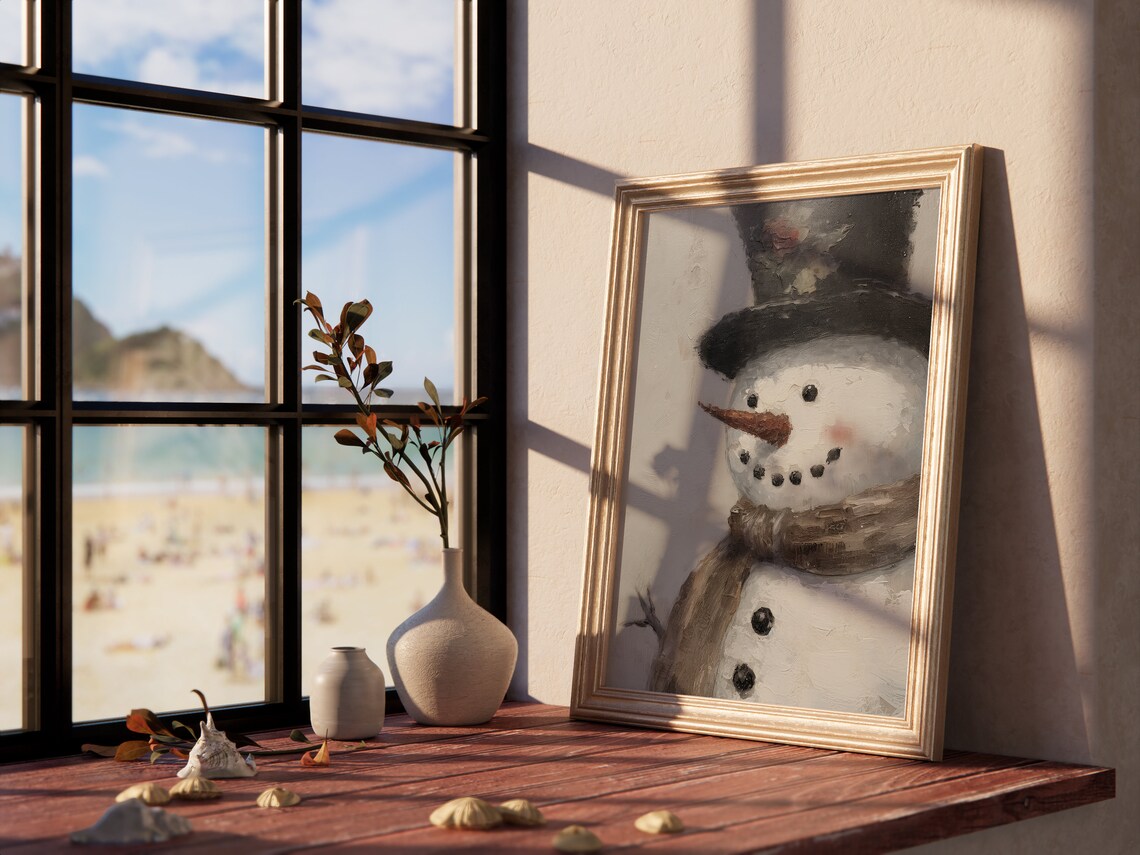 Vintage Snowman with Top Hat and Scarf Oil Painting Style Poster - Image 3