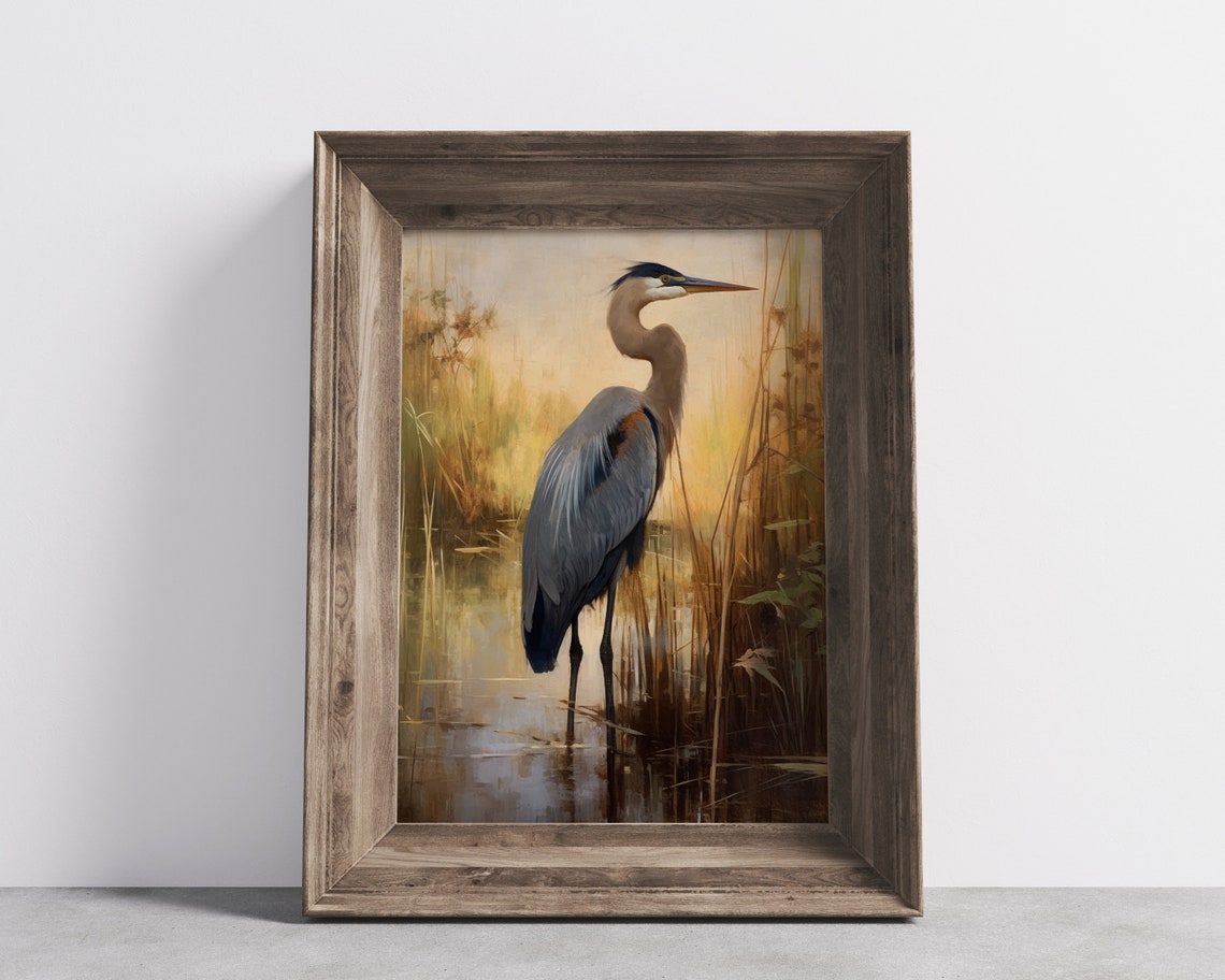 Great Blue Heron Marsh Sunset Vintage Wildlife Painting Poster - Image 3