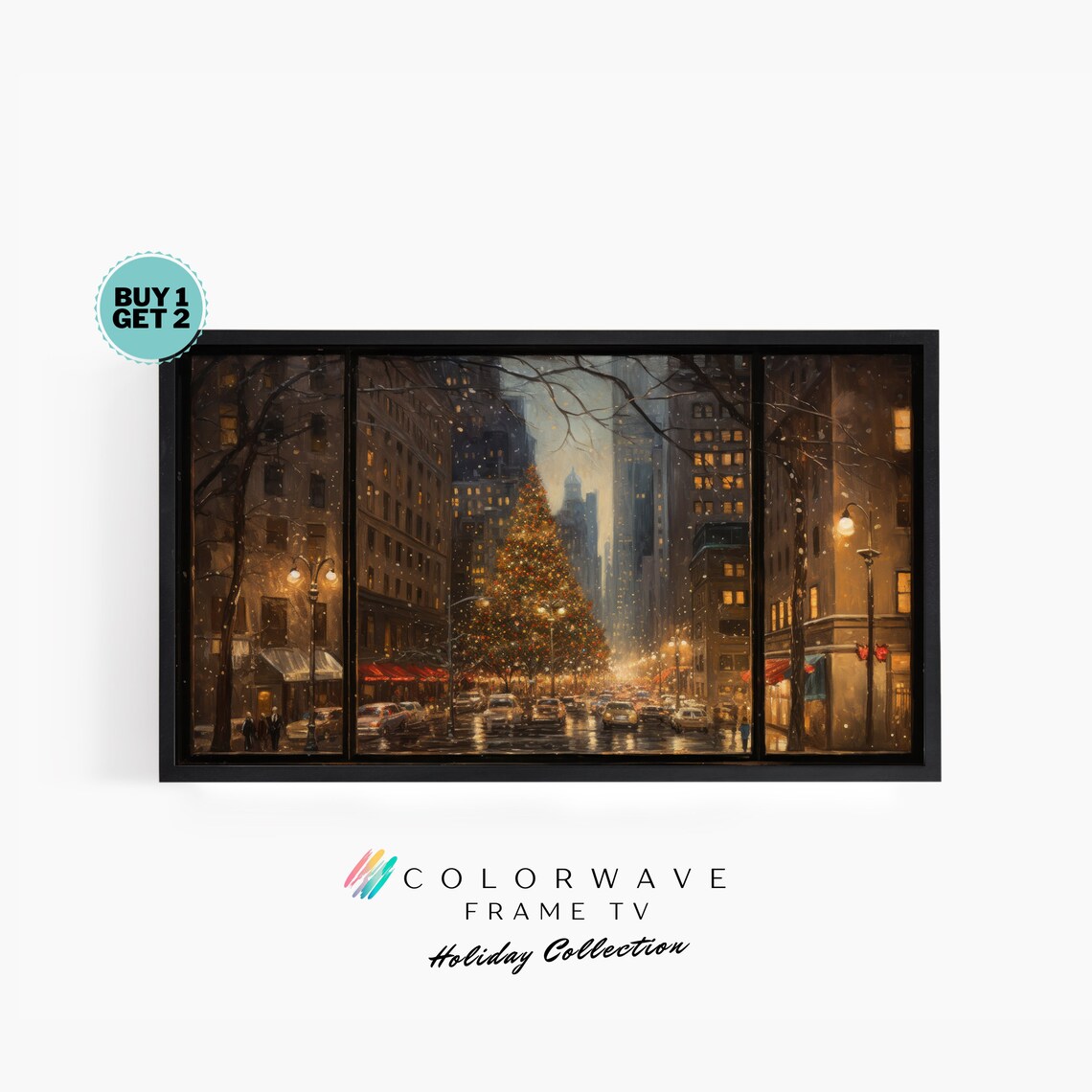 Snowy City Street Christmas Tree at Night Vintage Painting Poster