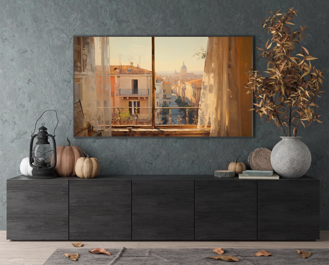 Rome Rooftops Through Balcony Window Sheer Curtains Morning Poster - Image 4