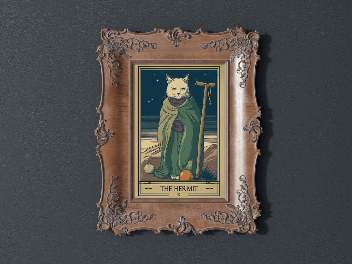 The Hermit Tarot Card Cat Boho Witchy Vintage Night Sea Art Poster - Image 4
