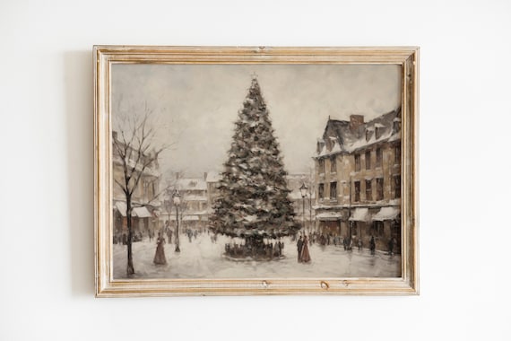 Vintage Christmas Tree in a Snowy Town Square Winter Scene Poster