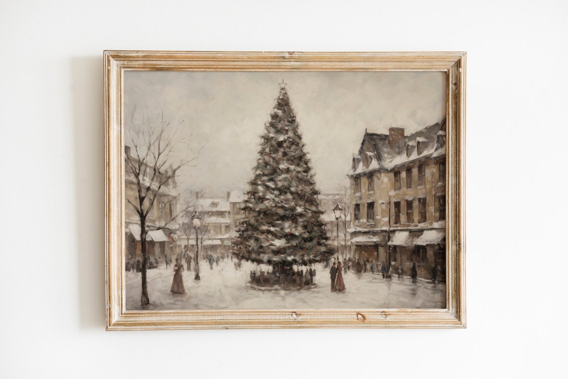 Vintage Christmas Tree in a Snowy Town Square Winter Scene Poster
