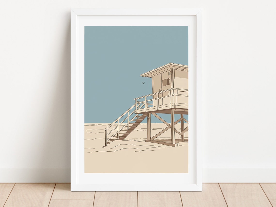 Minimalist Lifeguard Tower Beach Sand Line Art Coastal Poster