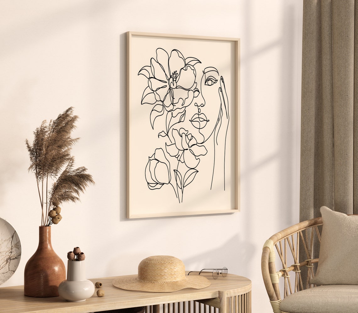 Woman Face Line Art With Large Flowers Minimalist Abstract Poster - Image 4