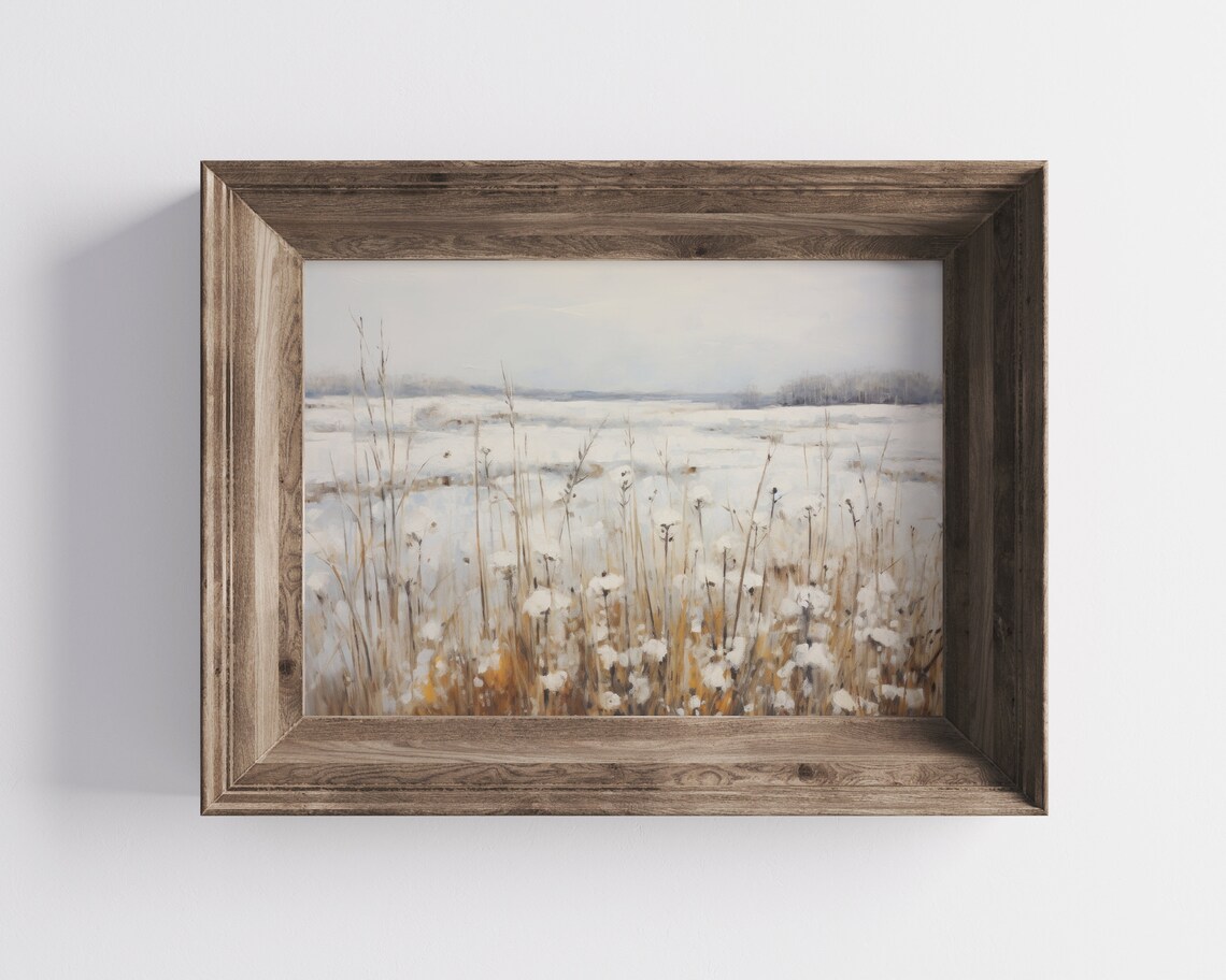 Winter Wildflower Meadow Vintage Snowy Landscape Oil Painting Poster - Image 3