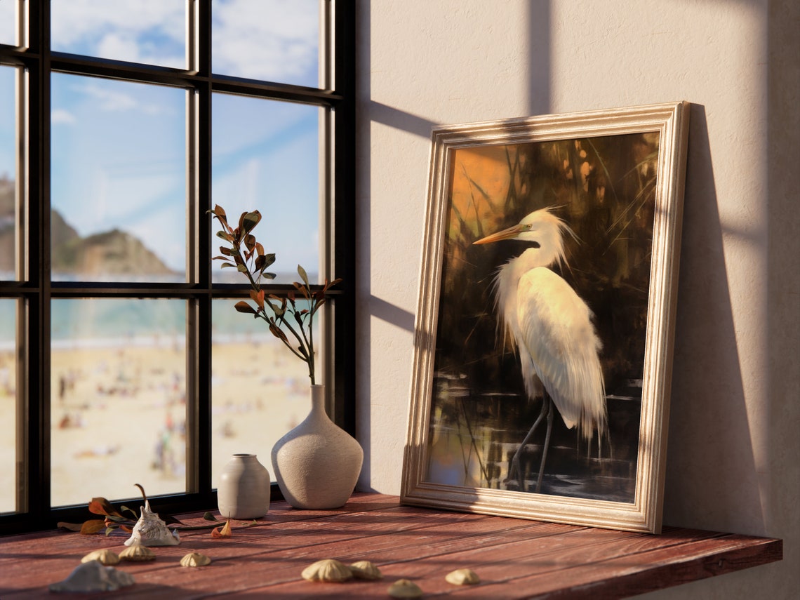 White Egret Marsh Sunset Vintage Wildlife Bird Painting Poster - Image 4