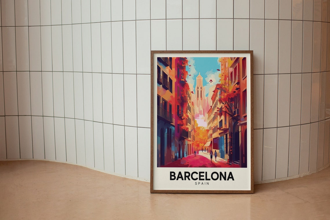 Barcelona Spain Retro Gothic Quarter Street Colorful Travel Poster - Image 2