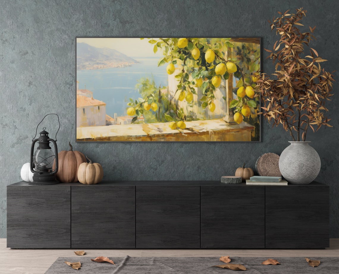 Lemon Tree Terrace Sunlit Mediterranean Coastal Town Painting Wall Art - Image 4