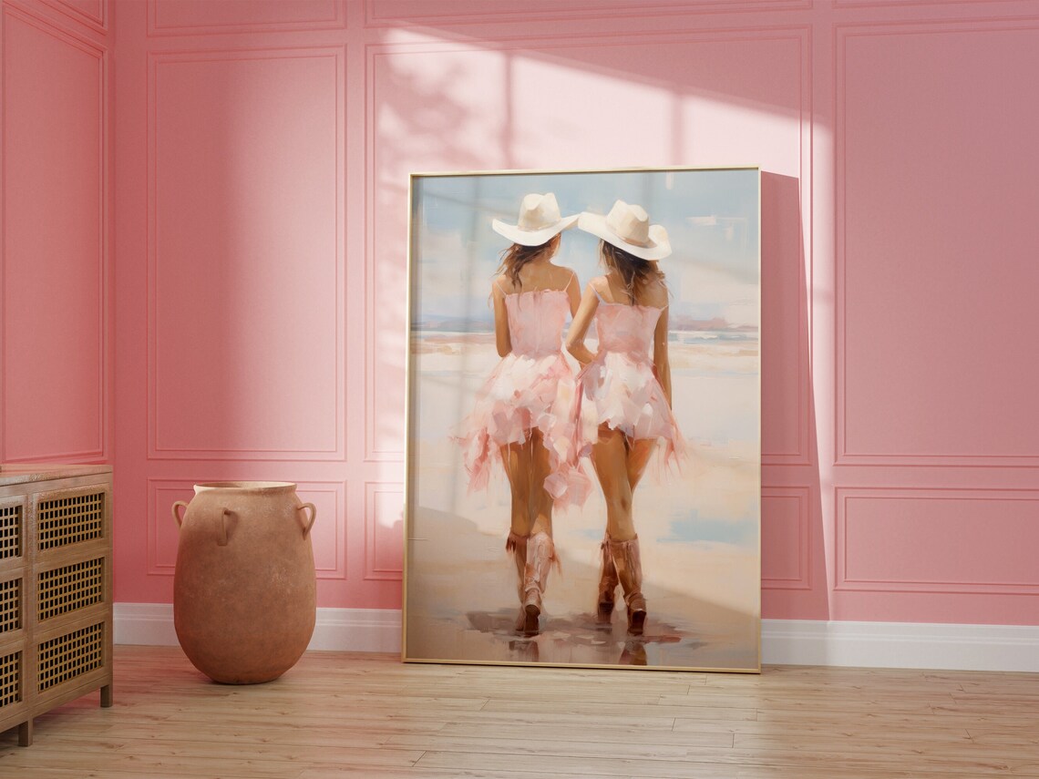 Beach Best Friends Pink Dress Cowboy Hat Painting Coastal Wall Art - Image 4