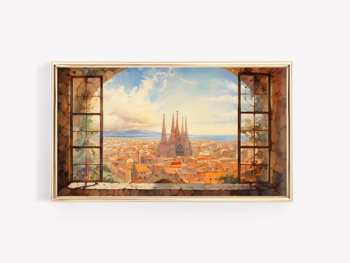 Barcelona Sagrada Familia Old City View Through Stone Window Poster - Image 3