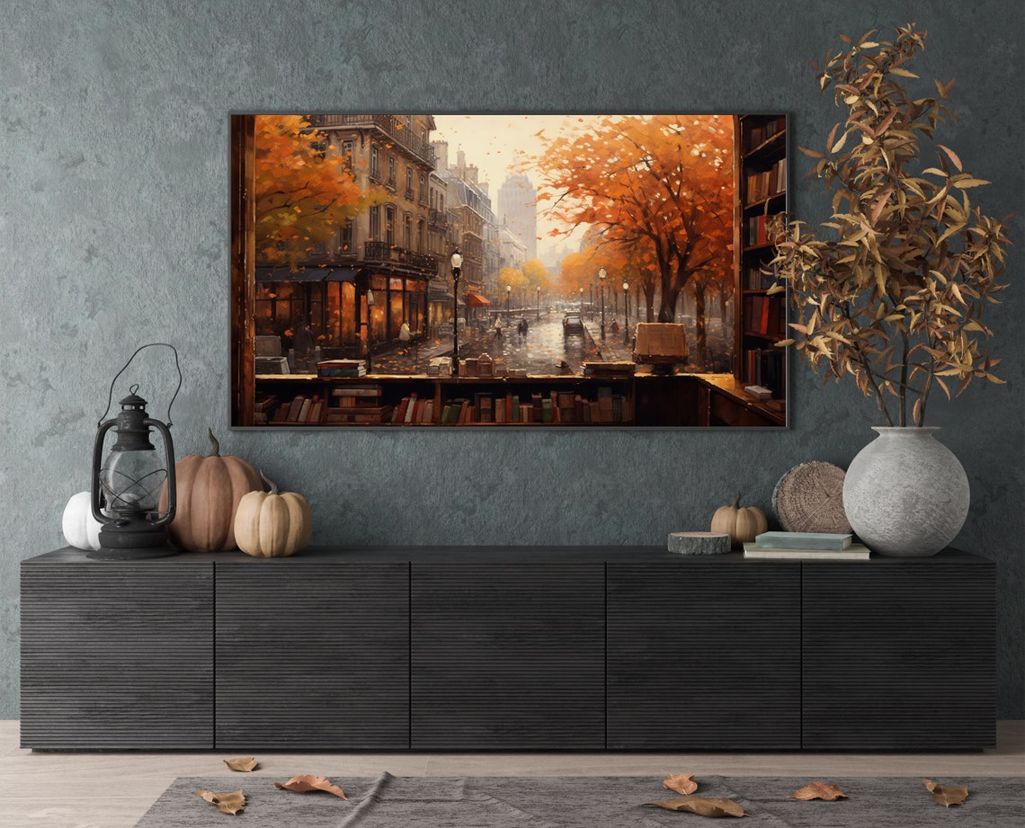 Cozy Bookshop Window Autumn Street Scene Rainy Evening Poster - Image 4