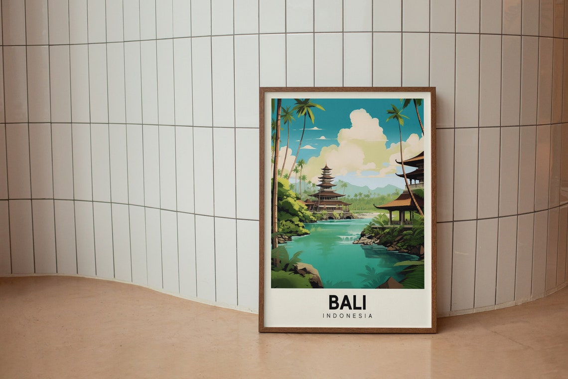 Bali Indonesia Temple Lagoon Tropical Retro Travel Style Poster - Image 2
