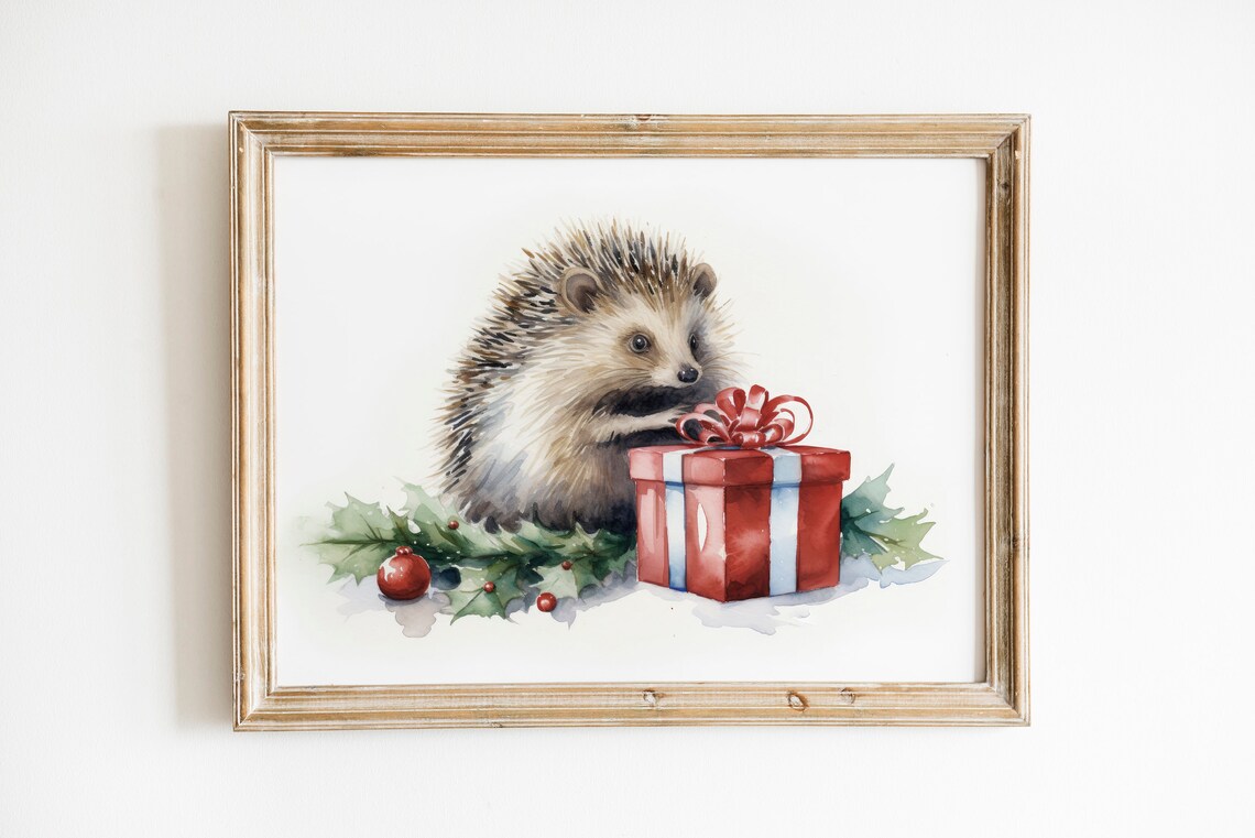 Cute Hedgehog with Red Christmas Gift Watercolor Holiday Art Poster - Image 2