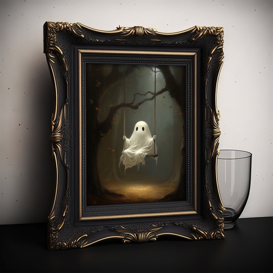 Cute Ghost on Swing in Haunted Autumn Forest Halloween Poster - Image 2