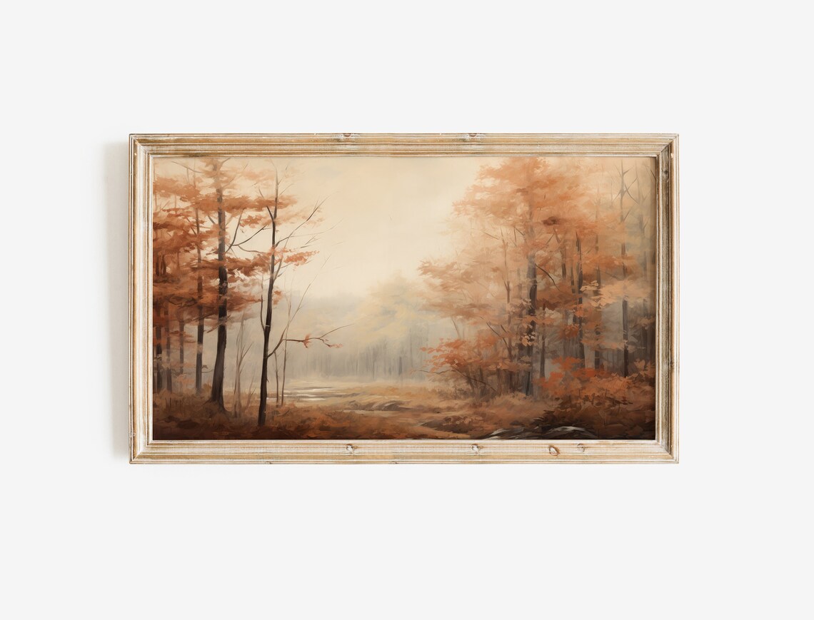 Muted Coppery Autumn Woods in Soft Fog Vintage Landscape Poster