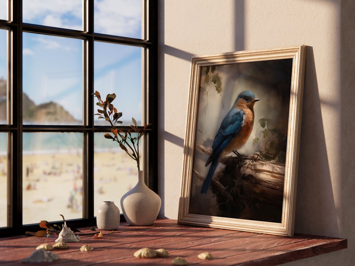 Vintage Eastern Bluebird Oil Painting Blue Bird Portrait Art Print - Image 4