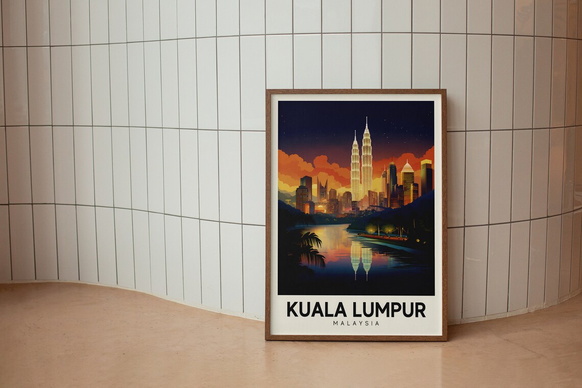Kuala Lumpur Malaysia Night Skyline Twin Towers Travel Poster - Image 2