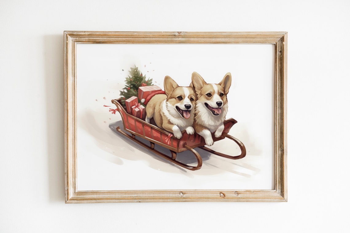 Happy Two Corgis Riding a Christmas Sleigh Watercolor Poster - Image 2